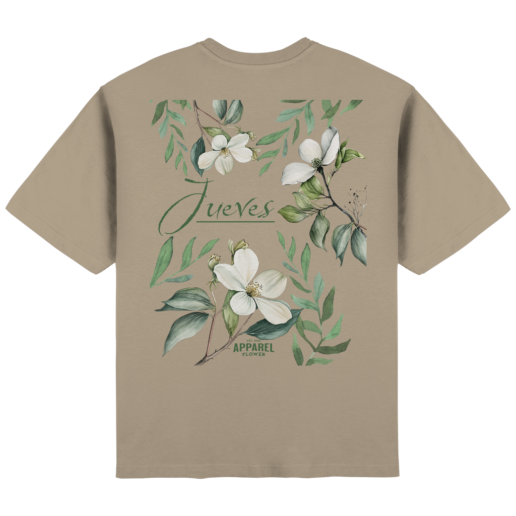 Rückansicht des beige Oversized T-Shirts von Jueves Apparel mit Rückendruck – urbaner Streetwear-Look aus 100 % Baumwolle