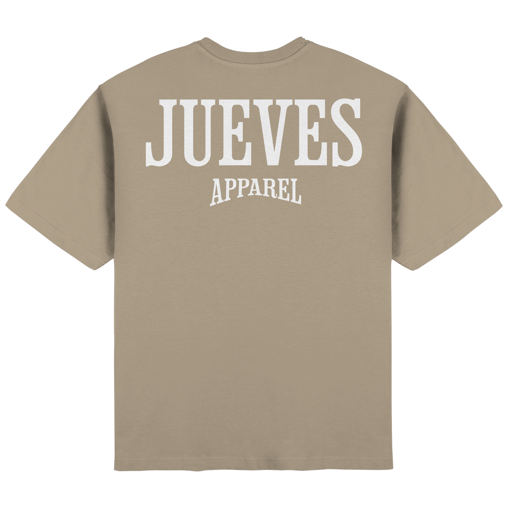 Rückansicht des beigen Oversized T-Shirts von Jueves Apparel mit Rückendruck – urbaner Streetwear-Look aus 100 % Baumwolle
