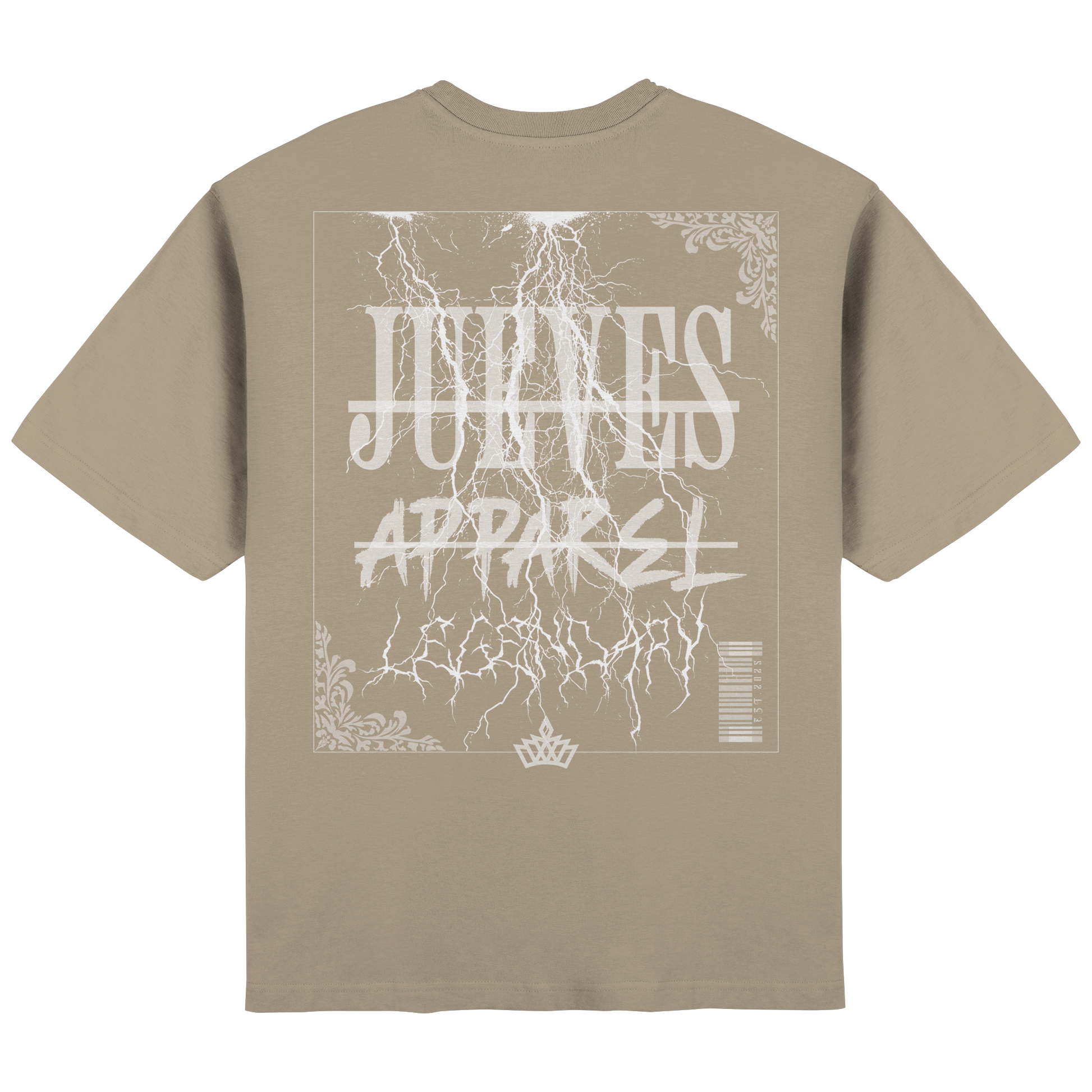 Rückansicht des beige Oversized T-Shirts von Jueves Apparel mit Rückendruck – urbaner Streetwear-Look aus 100 % Baumwolle