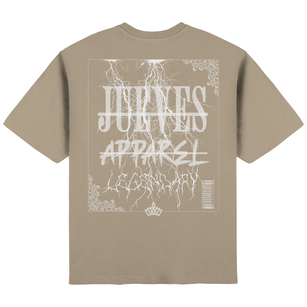 Rückansicht des beige Oversized T-Shirts von Jueves Apparel mit Rückendruck – urbaner Streetwear-Look aus 100 % Baumwolle