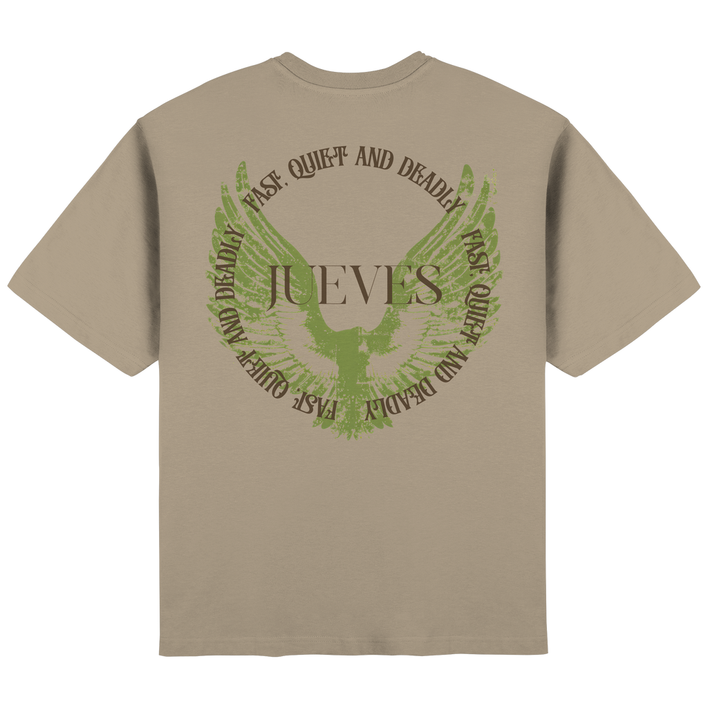 Rückansicht des beige Oversized T-Shirts von Jueves Apparel mit Rückendruck – urbaner Streetwear-Look aus 100 % Baumwolle