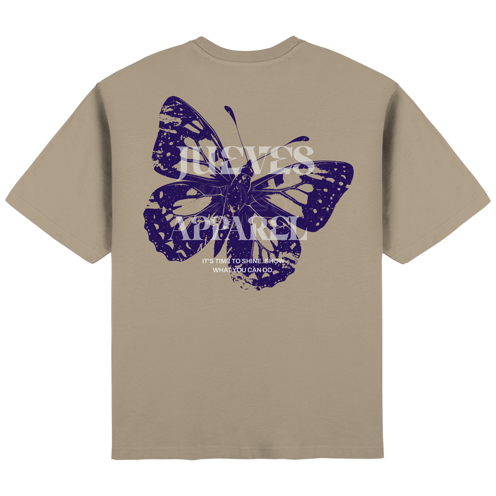 Rückansicht des beigen Oversized T-Shirts von Jueves Apparel mit Rückendruck – urbaner Streetwear-Look aus 100 % Baumwolle