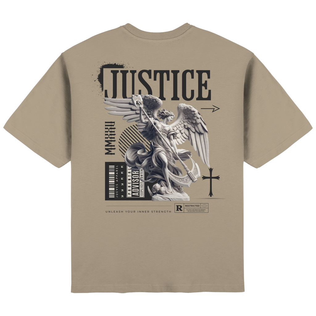 Rückansicht des beige Oversized T-Shirts von Jueves Apparel mit Rückendruck – urbaner Streetwear-Look aus 100 % Baumwolle