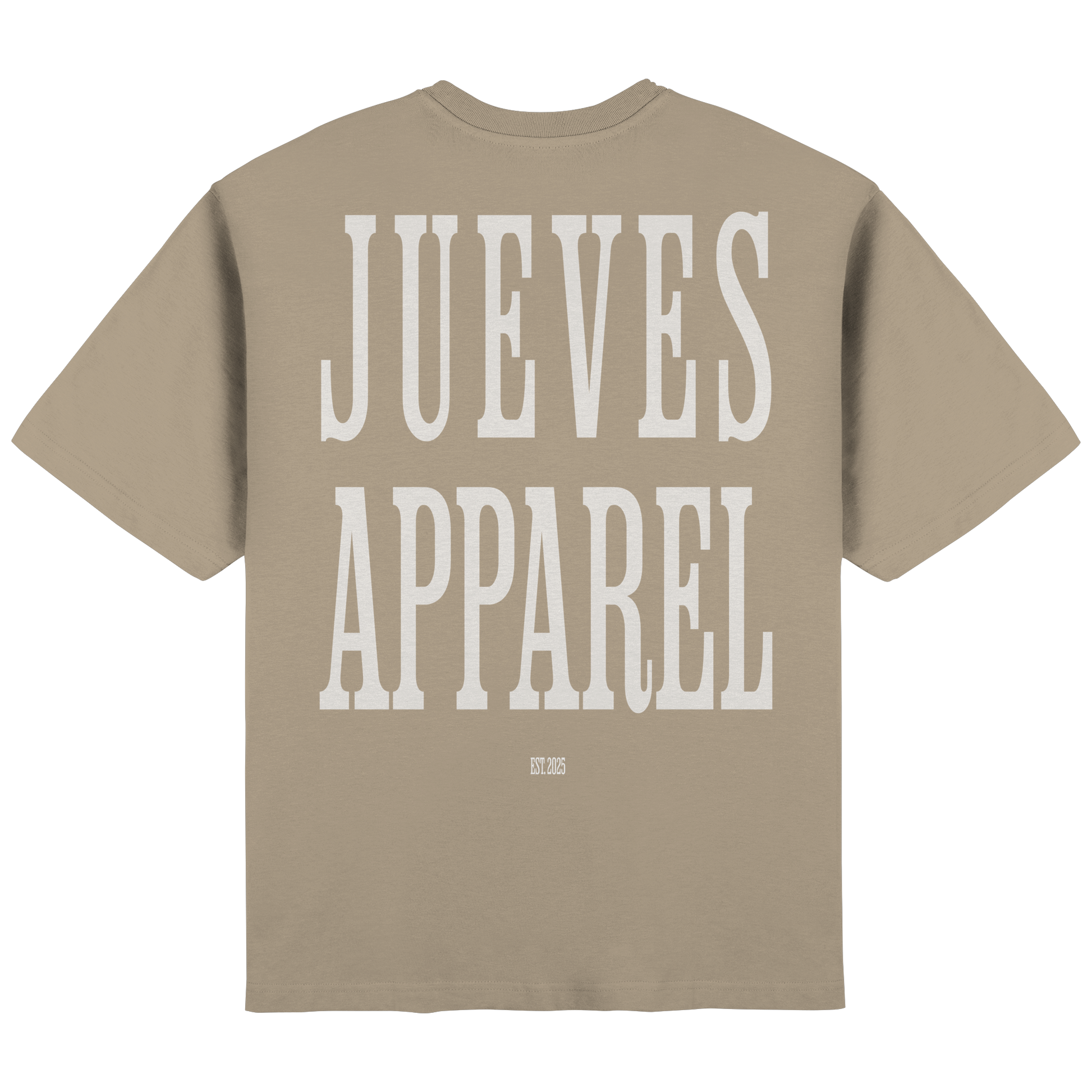 Rückansicht des beige Oversized T-Shirts von Jueves Apparel mit Rückendruck – urbaner Streetwear-Look aus 100 % Baumwolle