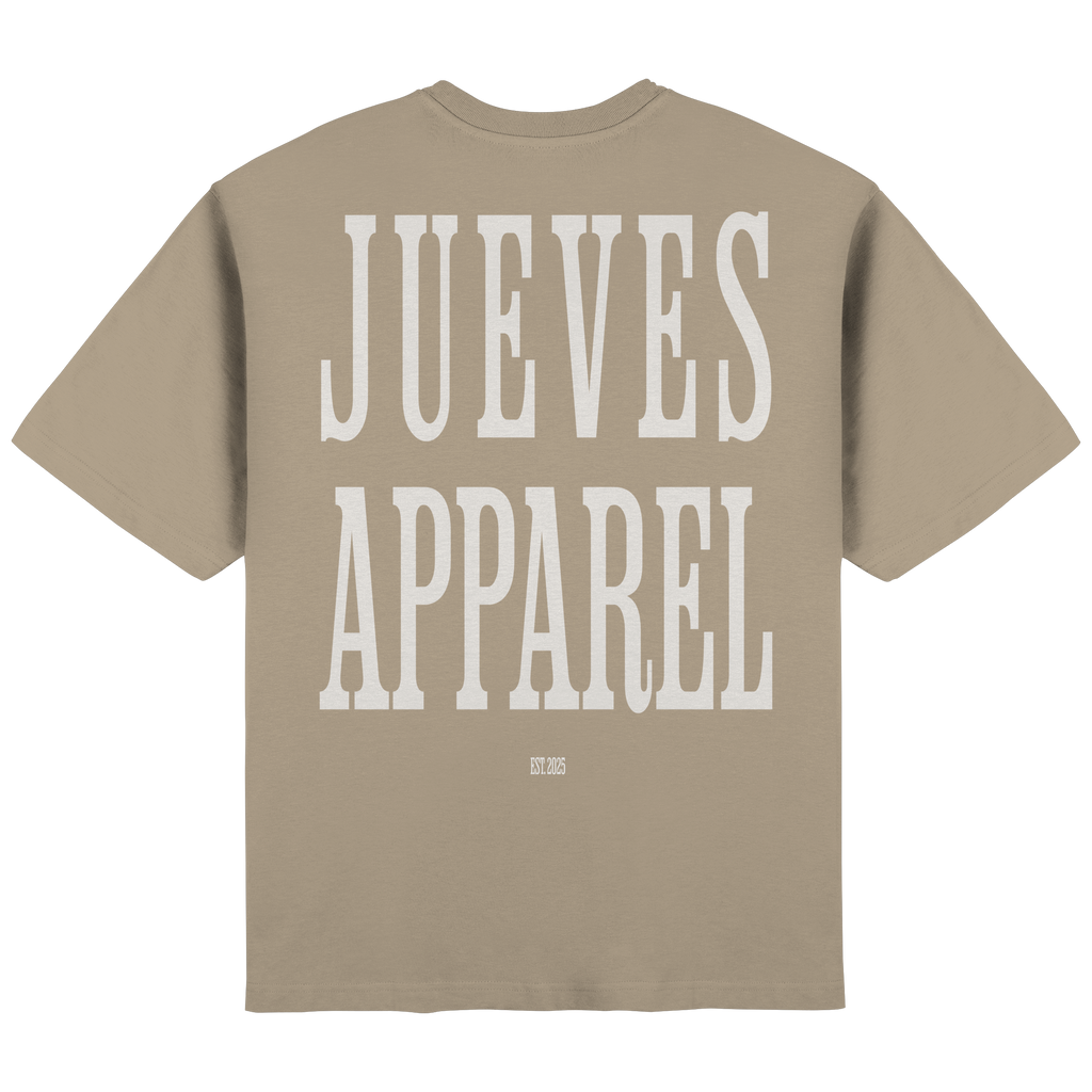 Rückansicht des beige Oversized T-Shirts von Jueves Apparel mit Rückendruck – urbaner Streetwear-Look aus 100 % Baumwolle