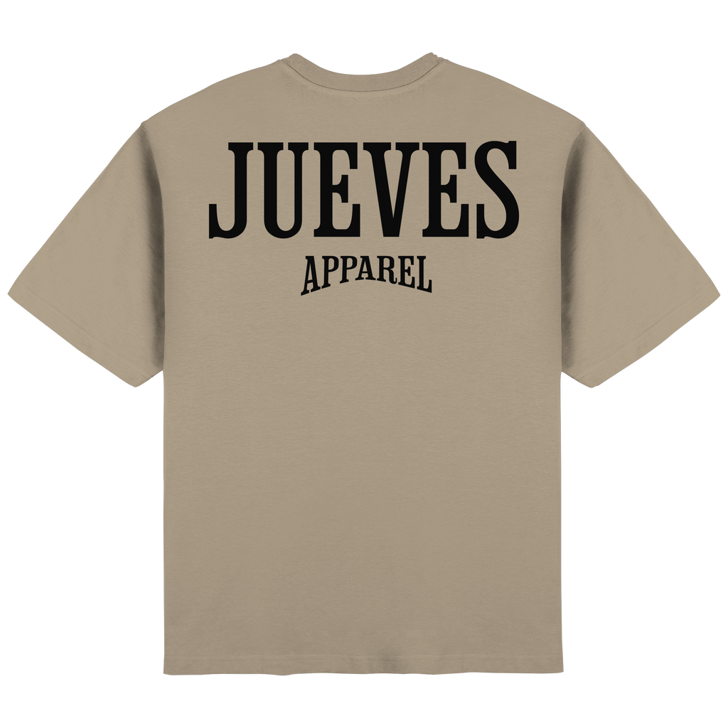 Rückansicht des beige Oversized T-Shirts von Jueves Apparel mit Rückendruck – urbaner Streetwear-Look aus 100 % Baumwolle