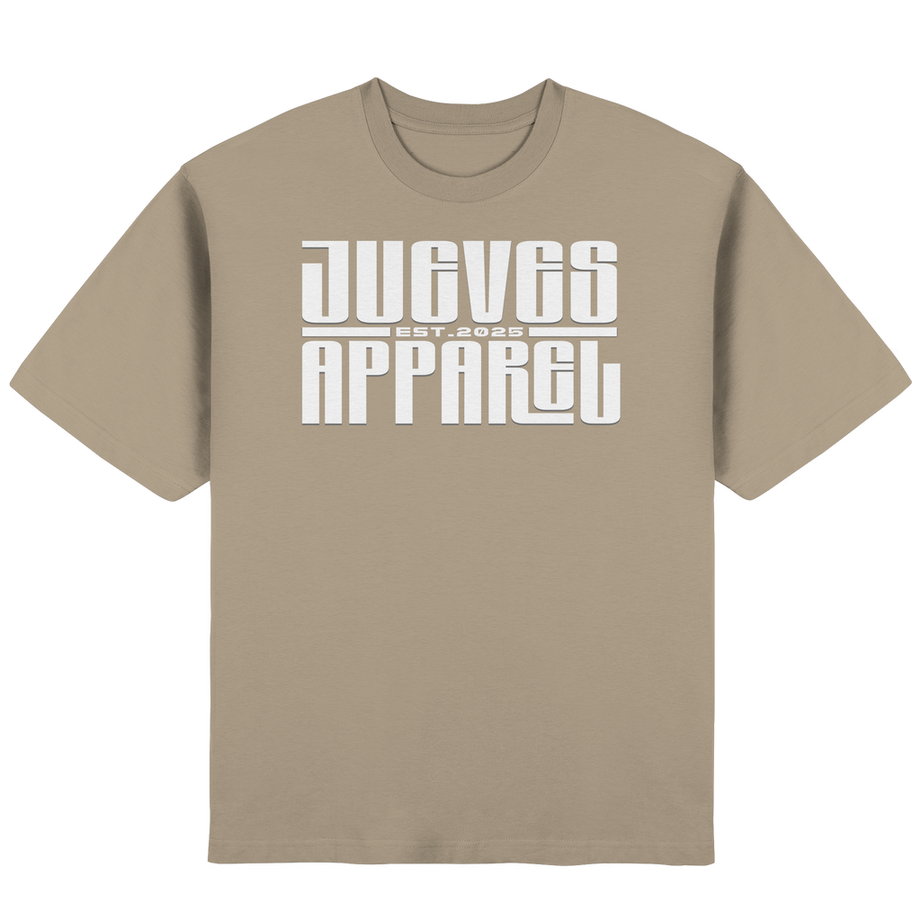 Frontansicht des beigen Oversized T-Shirts von Jueves Apparel mit Brustdruck – urbaner Streetwear-Look aus 100 % Baumwolle