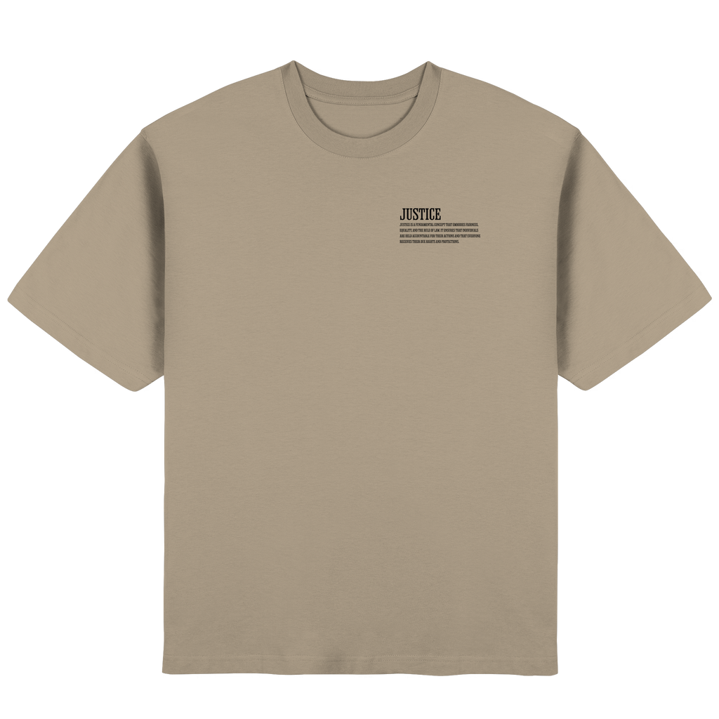 Frontansicht des beigen Oversized T-Shirts von Jueves Apparel mit Brustdruck – urbaner Streetwear-Look aus 100 % Baumwolle