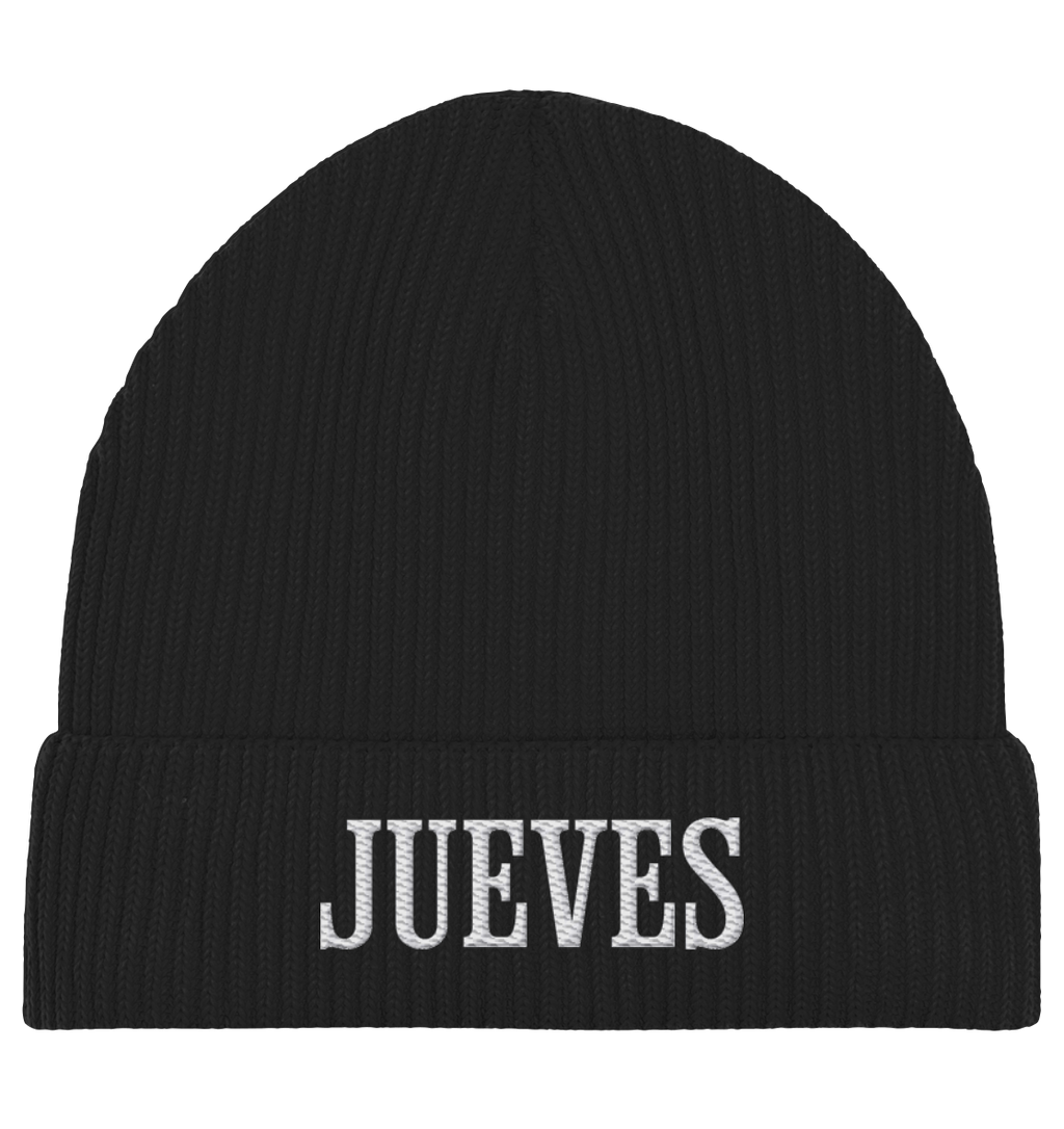 schwarze Fisherman Beanie von Jueves Apparel aus 95 % Baumwolle und 5 % Elasthan – urbanes Streetwear-Accessoire mit weicher Haptik