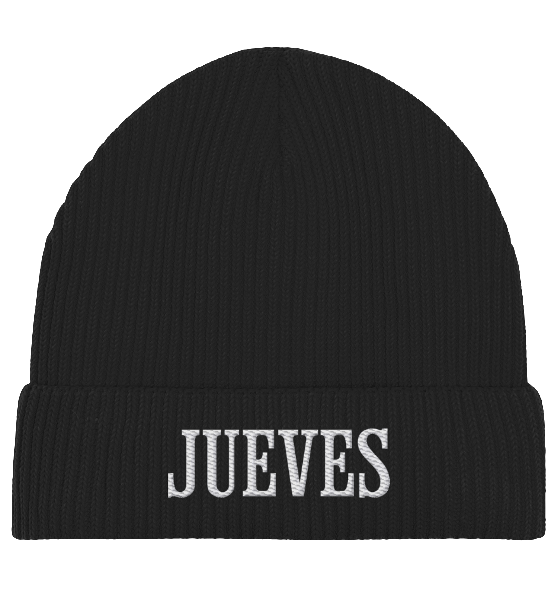 schwarze Fisherman Beanie von Jueves Apparel aus 95 % Baumwolle und 5 % Elasthan – urbanes Streetwear-Accessoire mit weicher Haptik