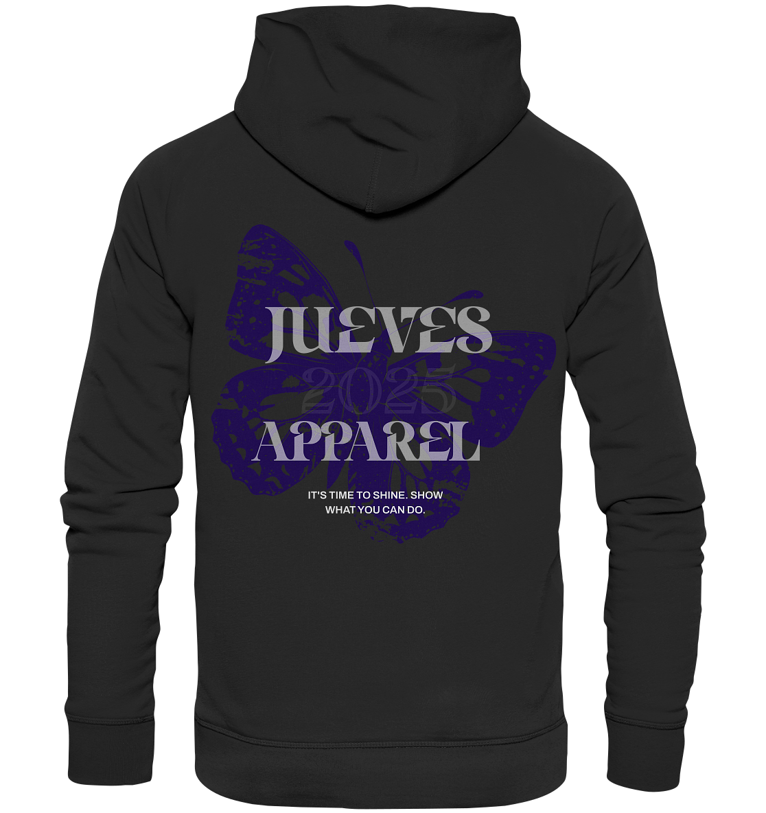 Jueves Apparel Classic Hoodie in schwarz mit markantem Rückendruck – urbaner Streetwear-Style aus Bio-Baumwolle