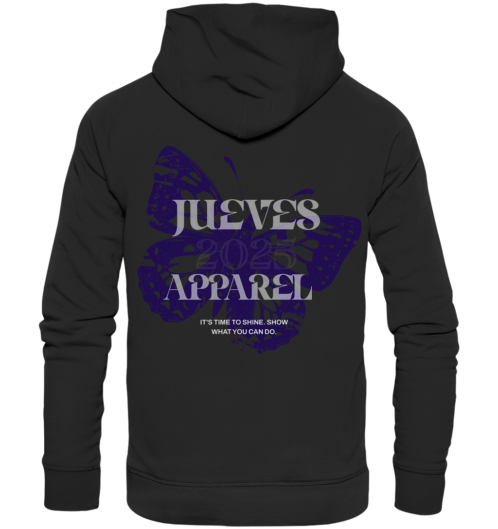 Jueves Apparel Classic Hoodie in schwarz mit markantem Rückendruck – urbaner Streetwear-Style aus Bio-Baumwolle