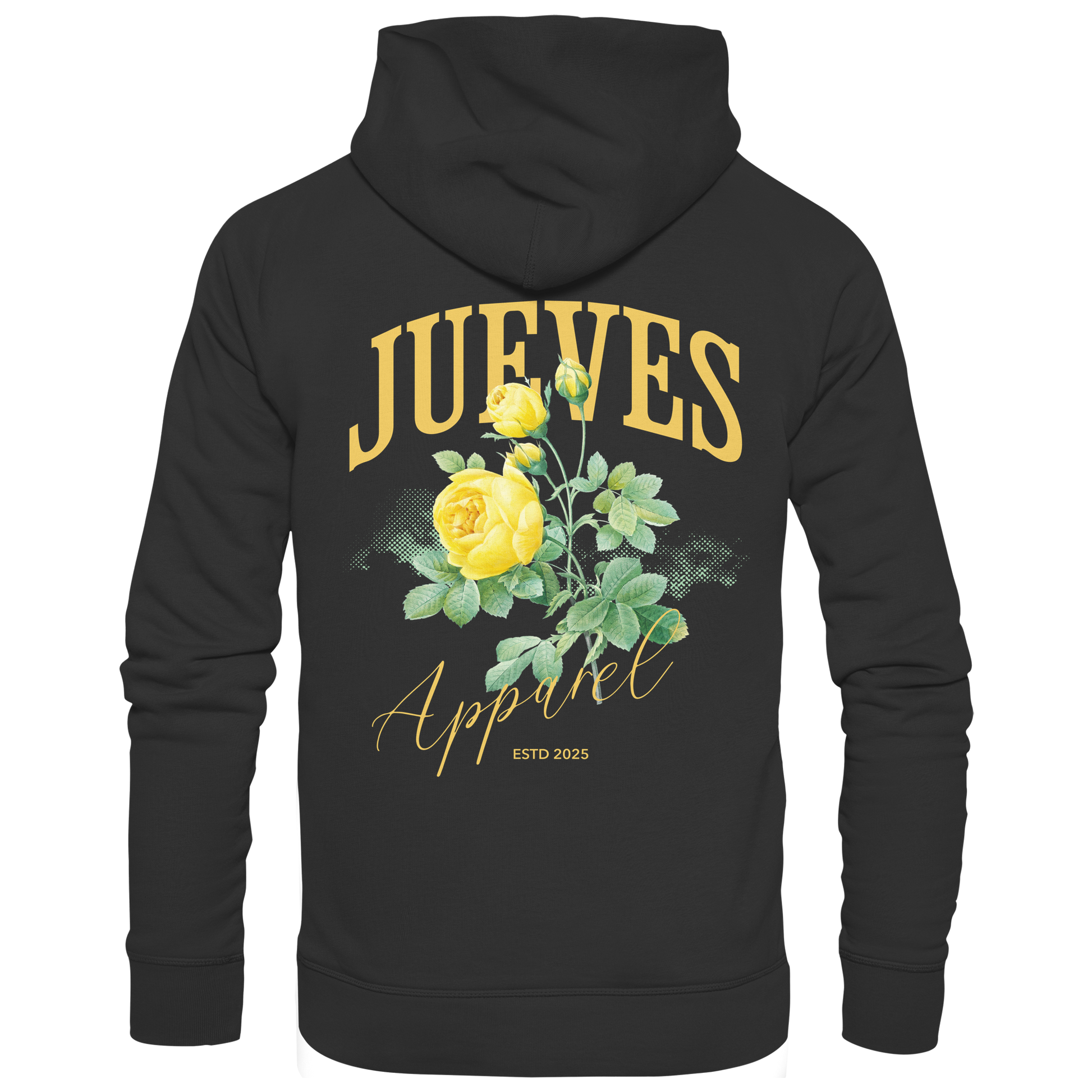 Jueves Apparel Classic Hoodie in schwarz mit markantem Rückendruck – urbaner Streetwear-Style aus Bio-Baumwolle