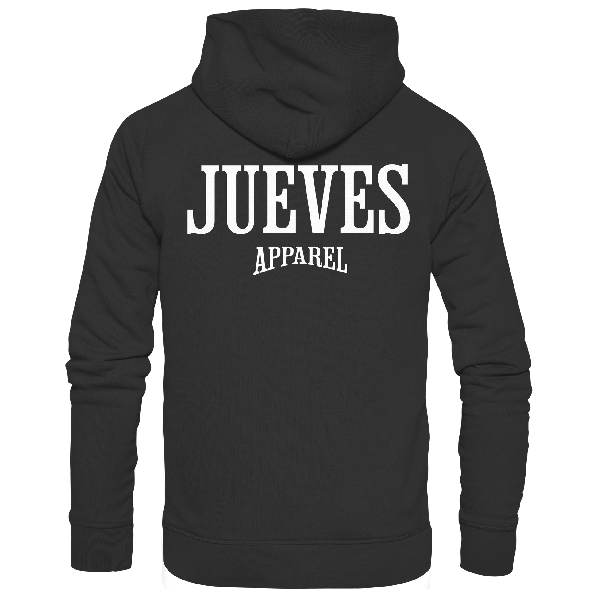 Jueves Apparel Classic Hoodie in schwarz mit markantem Rückendruck – urbaner Streetwear-Style aus Bio-Baumwolle