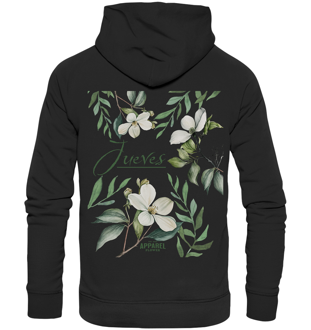 schwarzer Jueves Apparel Classic Hoodie mit markantem Rückendruck – urbaner Streetwear-Style aus Bio-Baumwolle