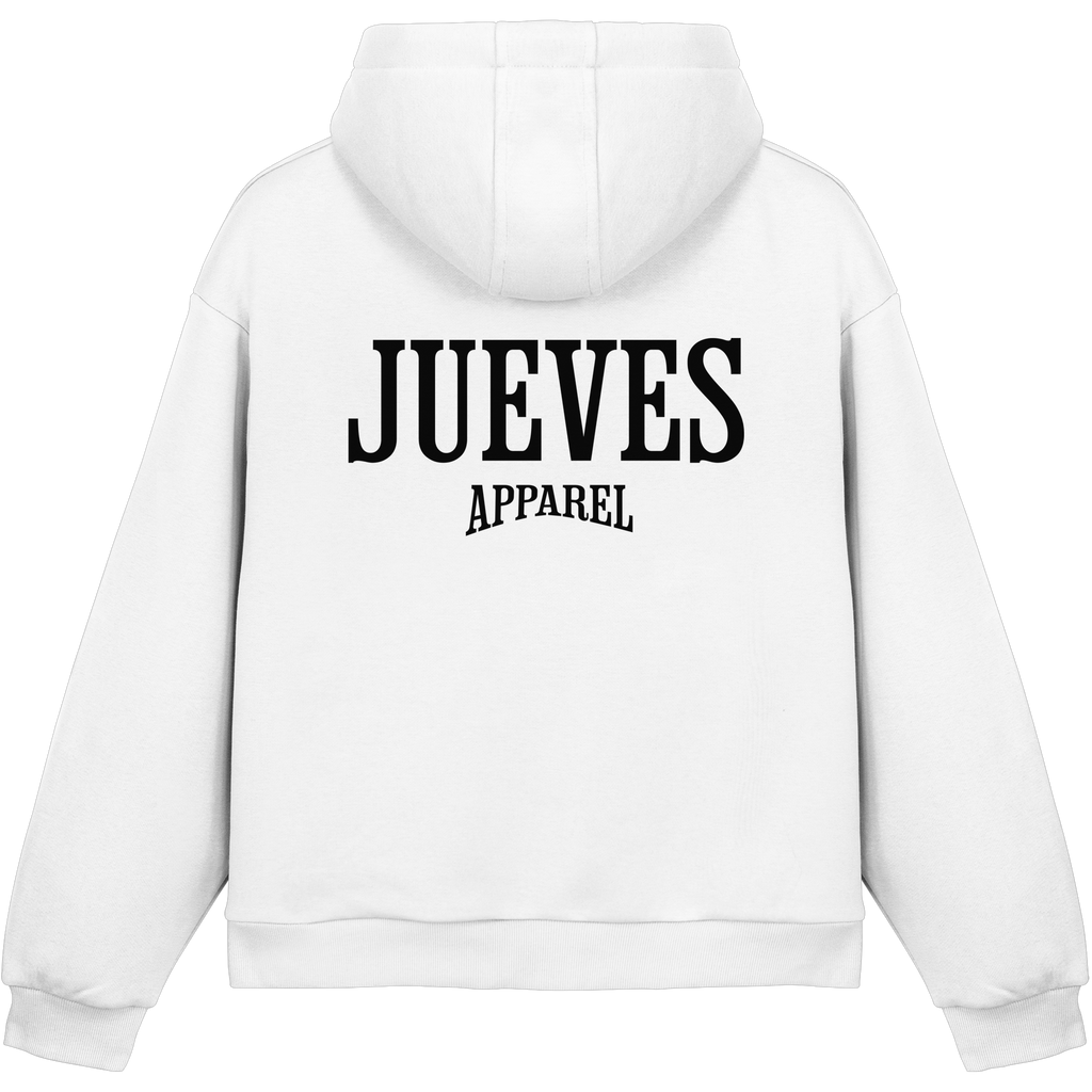 Fluffy Boxcut Hoodie „Black Logo“ in White von Jueves Apparel aus 70% Baumwolle und 30% Polyester – auffälliger Rückendruck Logodesign, moderner Urban Streetwear-Look.