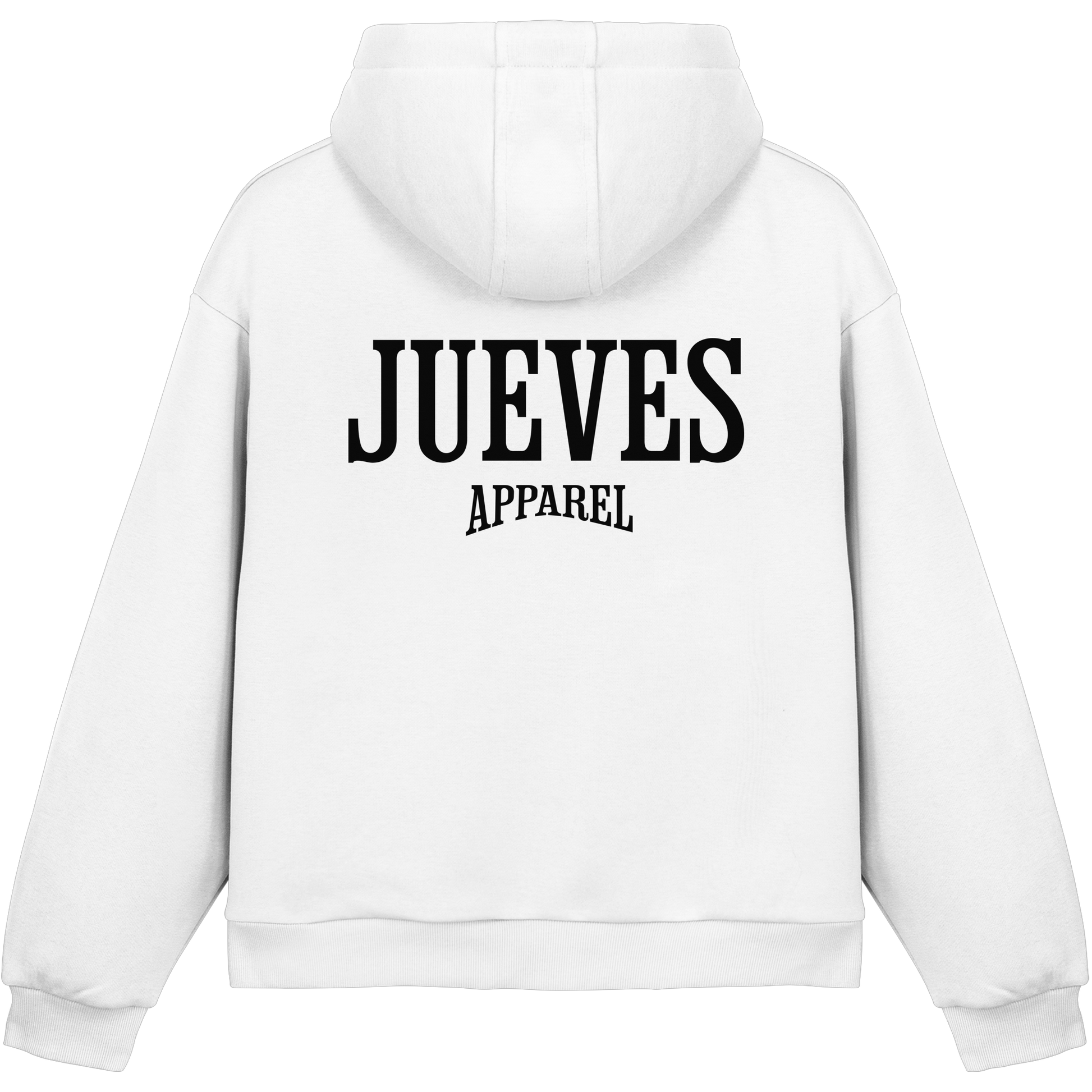 Fluffy Boxcut Hoodie „Black Logo“ in White von Jueves Apparel aus 70% Baumwolle und 30% Polyester – auffälliger Rückendruck Logodesign, moderner Urban Streetwear-Look.
