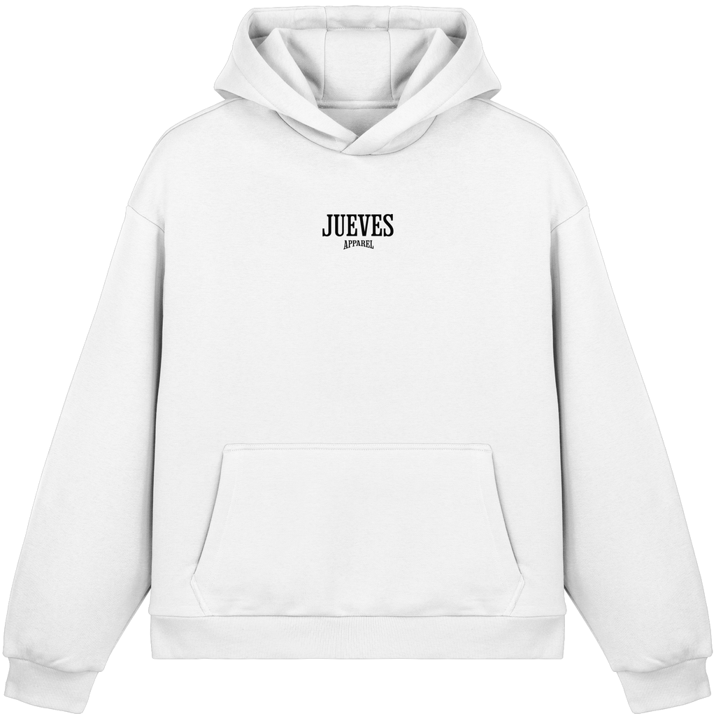 Fluffy Boxcut Hoodie „Black Logo“ in White von Jueves Apparel aus 70% Baumwolle und 30% Polyester – auffälliger Brustdruck Logodesign, moderner Urban Streetwear-Look.