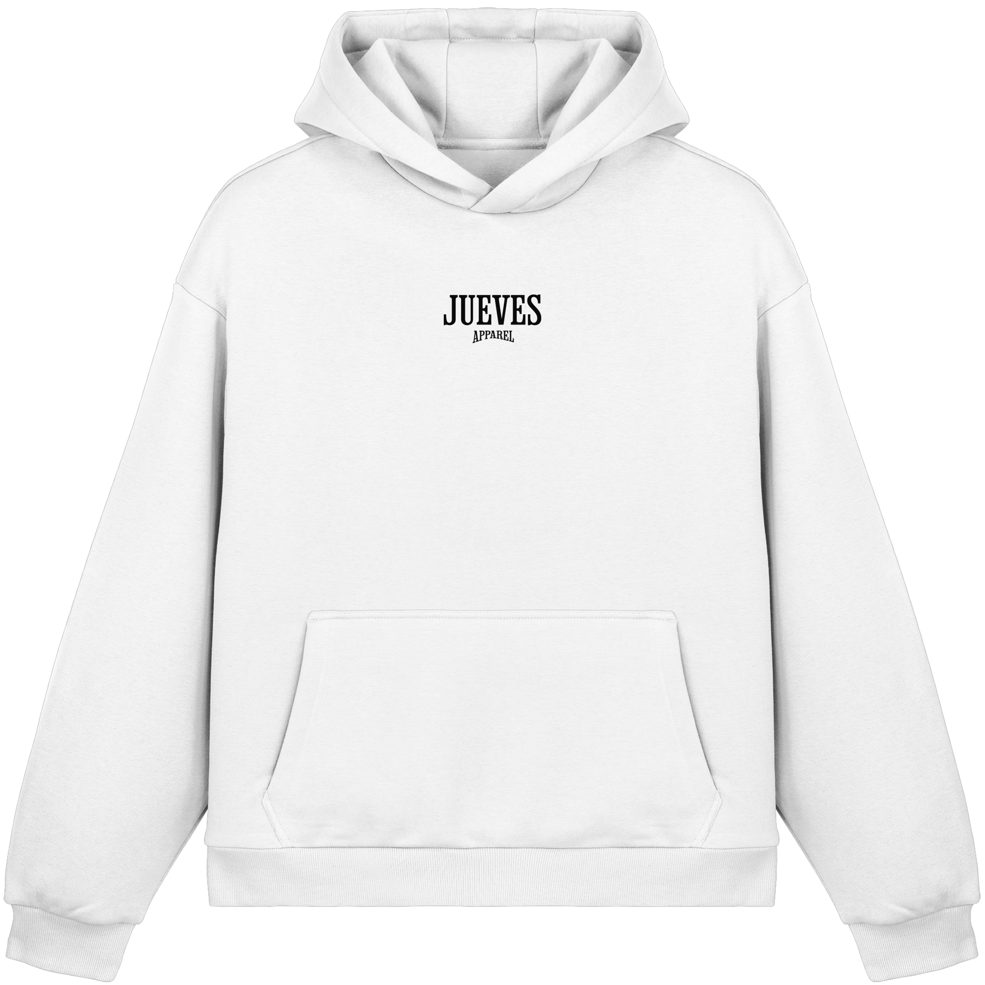 Fluffy Boxcut Hoodie „Black Logo“ in White von Jueves Apparel aus 70% Baumwolle und 30% Polyester – auffälliger Brustdruck Logodesign, moderner Urban Streetwear-Look.