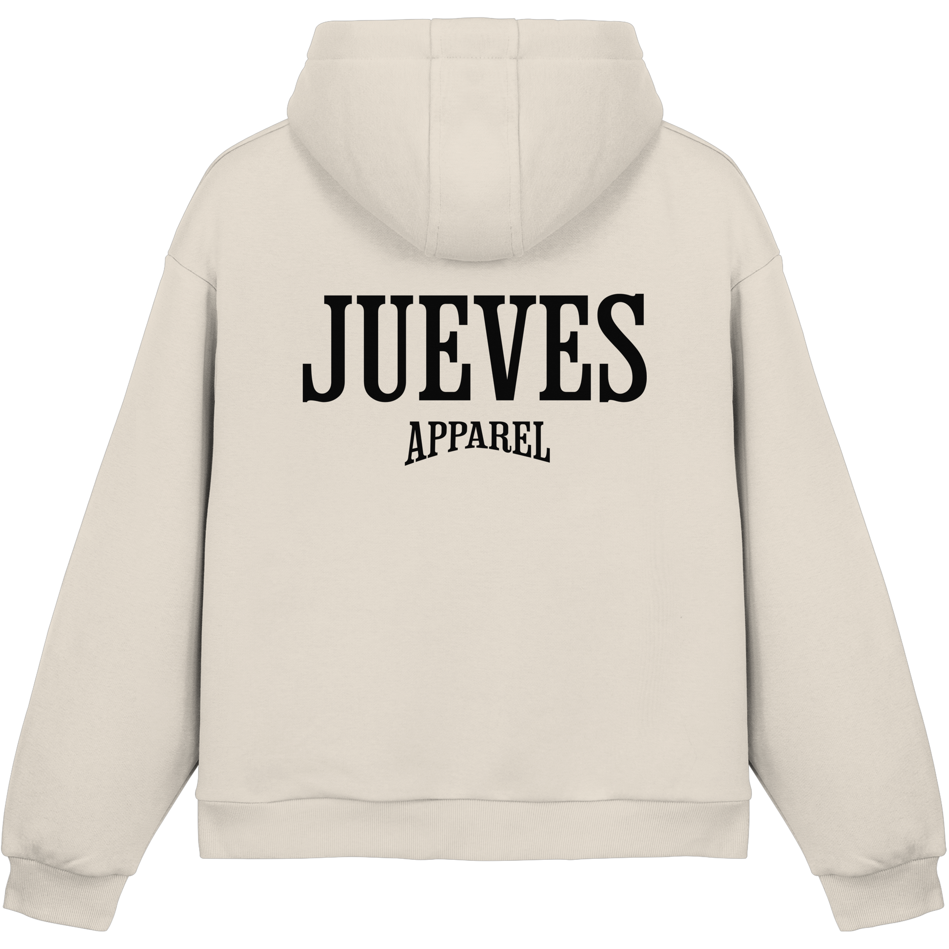 Fluffy Boxcut Hoodie „Black Logo“ in White Sand von Jueves Apparel aus 70% Baumwolle und 30% Polyester – auffälliger Rückendruck Logodesign, moderner Urban Streetwear-Look.