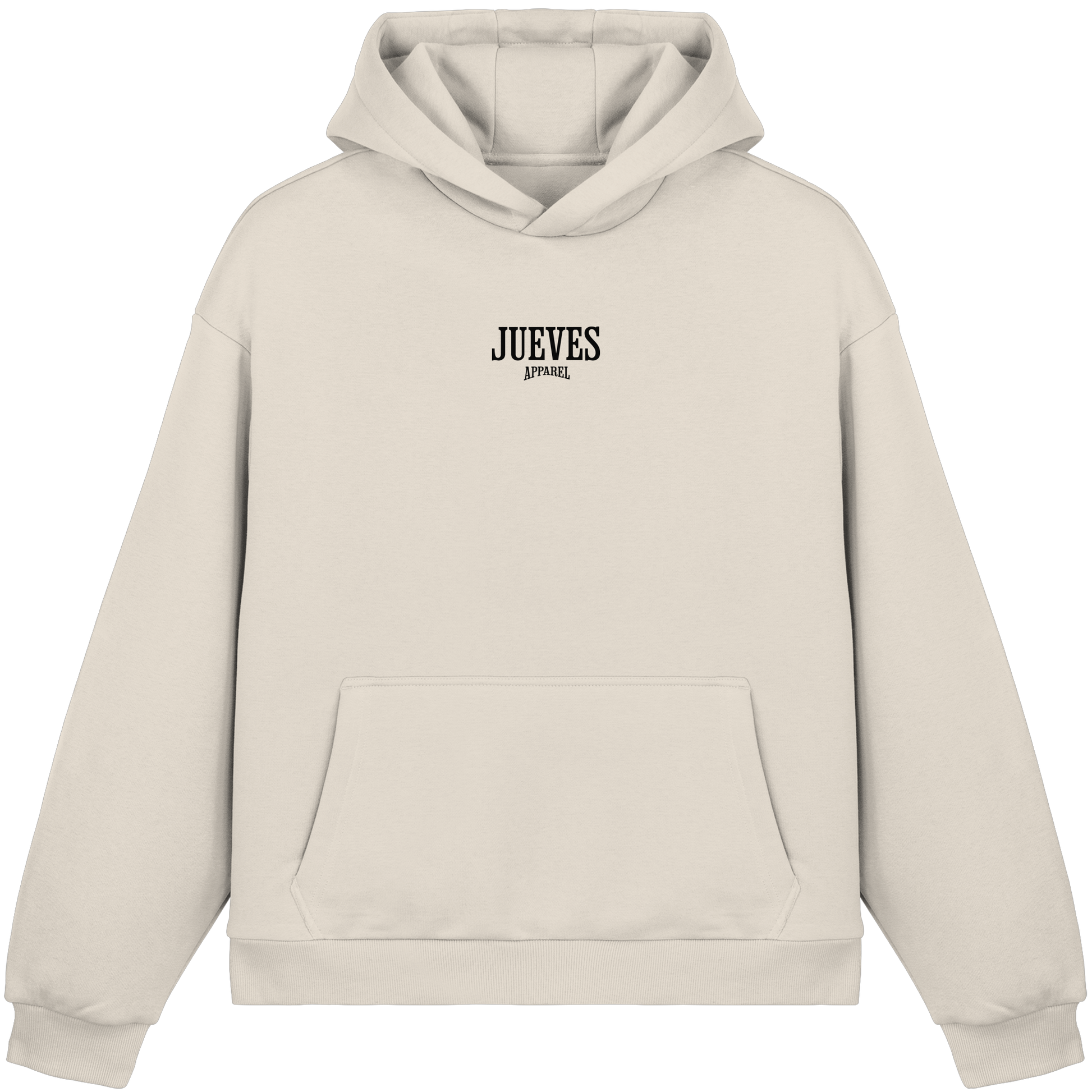 Fluffy Boxcut Hoodie „Black Logo“ in White Sand von Jueves Apparel aus 70% Baumwolle und 30% Polyester – auffälliger Brustdruck Logodesign, moderner Urban Streetwear-Look.