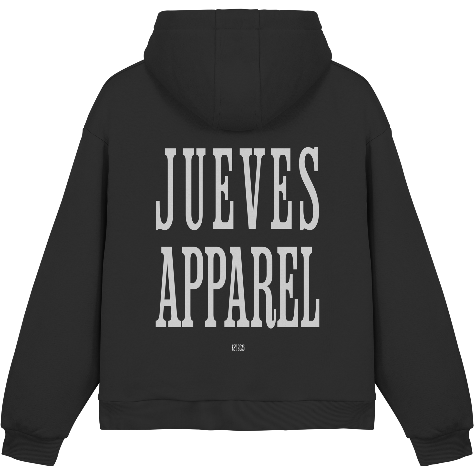 schwarzer Jueves Apparel Oversized Boxcut Hoodie mit markantem Rückendruck – urbaner Streetwear-Style aus Baumwolle