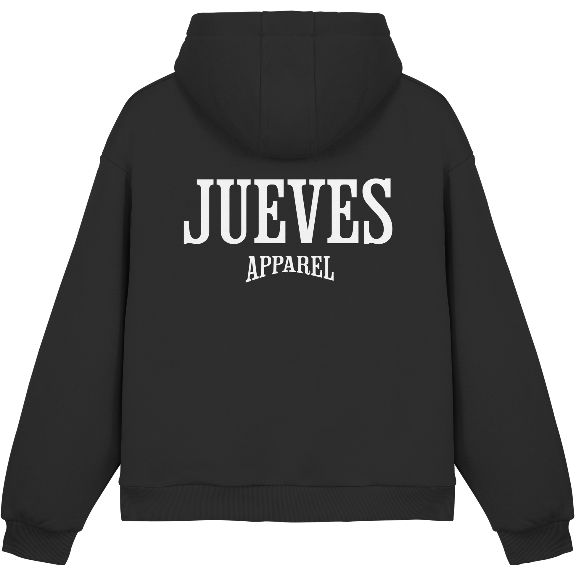 schwarzer Jueves Apparel Oversized Boxcut Hoodie mit markantem Rückendruck – urbaner Streetwear-Style aus Baumwolle