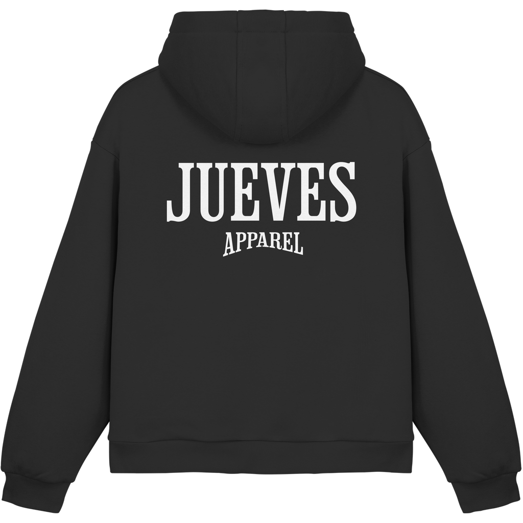 schwarzer Jueves Apparel Oversized Boxcut Hoodie mit markantem Rückendruck – urbaner Streetwear-Style aus Baumwolle