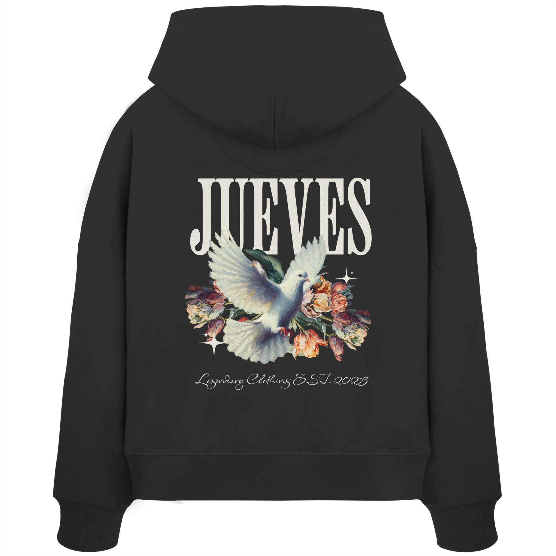 Rückansicht eines schwarzen Oversized Boxcut Hoodies von Jueves Apparel aus 100 % Baumwolle, 300 g/m² – markanter Rückendruck und urbaner Streetwear-Look mit modernem Schnitt.