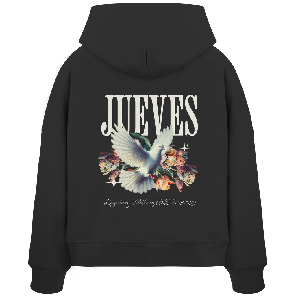 Rückansicht eines schwarzen Oversized Boxcut Hoodies von Jueves Apparel aus 100 % Baumwolle, 300 g/m² – markanter Rückendruck und urbaner Streetwear-Look mit modernem Schnitt. 