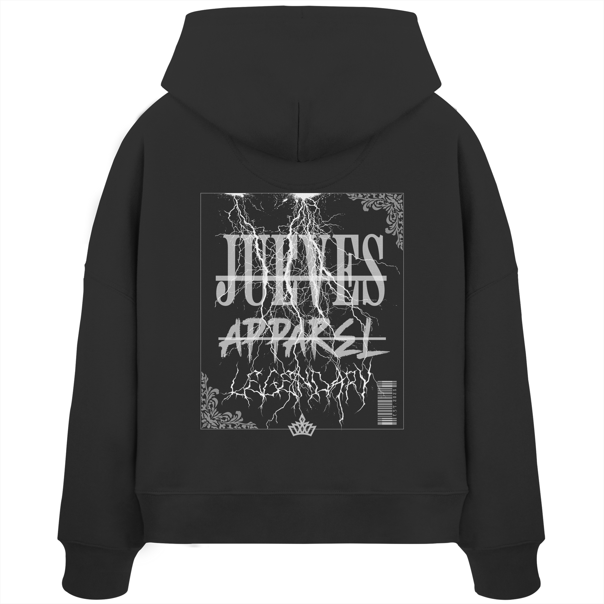 Rückansicht eines schwarzen Oversized Boxcut Hoodies von Jueves Apparel aus 100 % Baumwolle, 300 g/m² – markanter Rückendruck und urbaner Streetwear-Look mit modernem Schnitt.