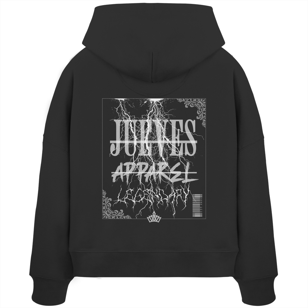 Rückansicht eines schwarzen Oversized Boxcut Hoodies von Jueves Apparel aus 100 % Baumwolle, 300 g/m² – markanter Rückendruck und urbaner Streetwear-Look mit modernem Schnitt. 