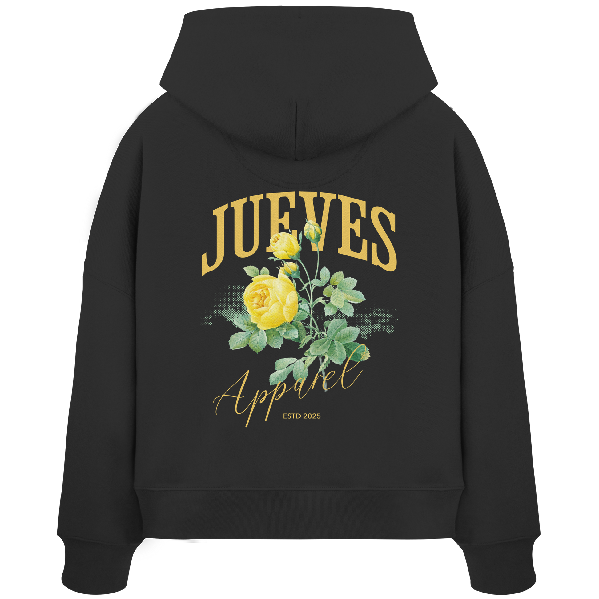 Rückansicht eines schwarzen Oversized Boxcut Hoodies von Jueves Apparel aus 100 % Baumwolle, 300 g/m² – markanter Rückendruck und urbaner Streetwear-Look mit modernem Schnitt.