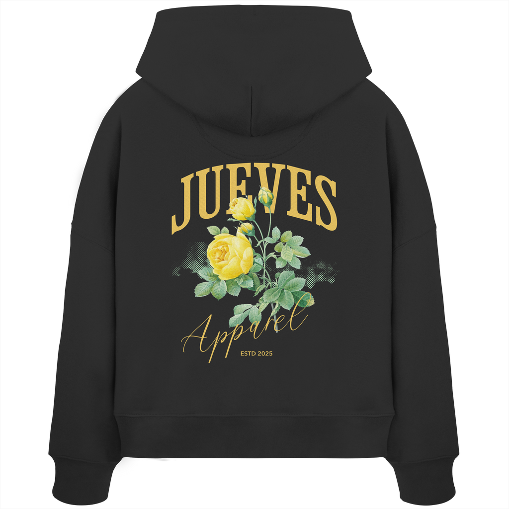 Rückansicht eines schwarzen Oversized Boxcut Hoodies von Jueves Apparel aus 100 % Baumwolle, 300 g/m² – markanter Rückendruck und urbaner Streetwear-Look mit modernem Schnitt. 