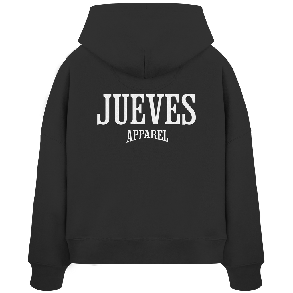 Rückansicht eines schwarzen Oversized Boxcut Hoodies von Jueves Apparel aus 100 % Baumwolle, 300 g/m² – markanter Rückendruck und urbaner Streetwear-Look mit modernem Schnitt. 