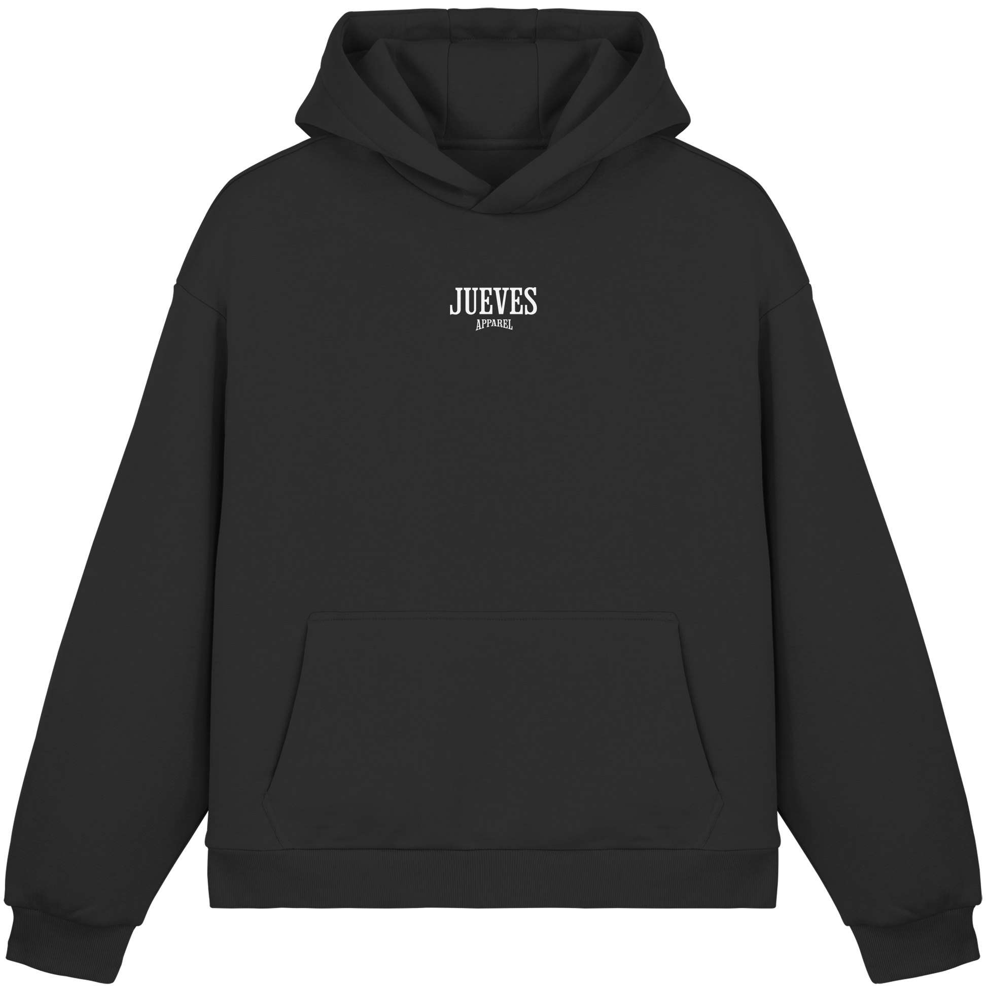 schwarzer Oversized Boxcut Hoodie von Jueves Apparel mit Brustdruck – nachhaltige Streetwear aus 70% Baumwolle