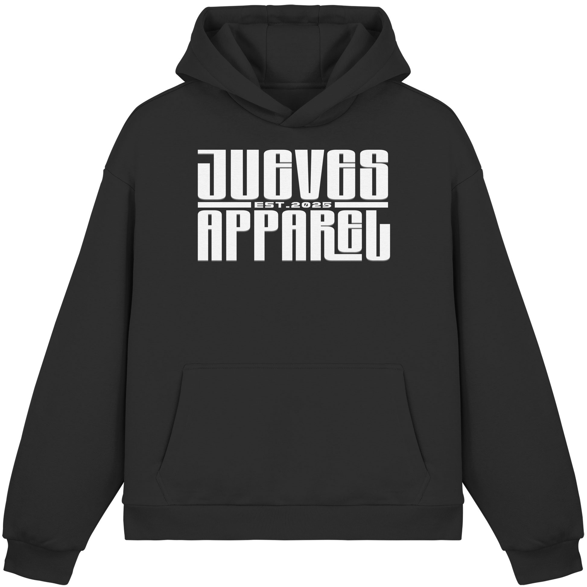 schwarzer Oversized Boxcut Hoodie von Jueves Apparel mit Brustdruck – nachhaltige Streetwear aus 70% Baumwolle