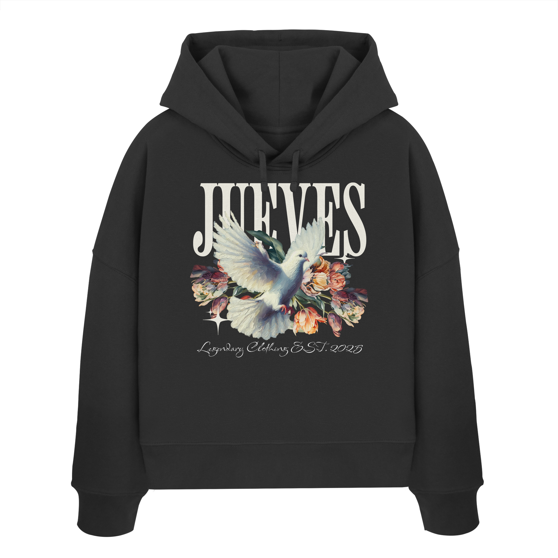 Frontansicht des schwarzen Damen oversized Boxcut Hoodies von Jueves Apparel mit oversized Schnitt, Druck auf der Brust– Streetwear aus 100 % Bio-Baumwolle, 300 g/m² Stoffgewicht.