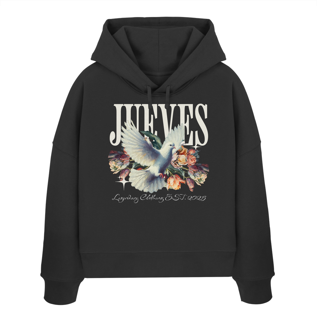 Frontansicht des schwarzen Damen oversized Boxcut Hoodies von Jueves Apparel mit oversized Schnitt, Druck auf der Brust– Streetwear aus 100 % Bio-Baumwolle, 300 g/m² Stoffgewicht. 