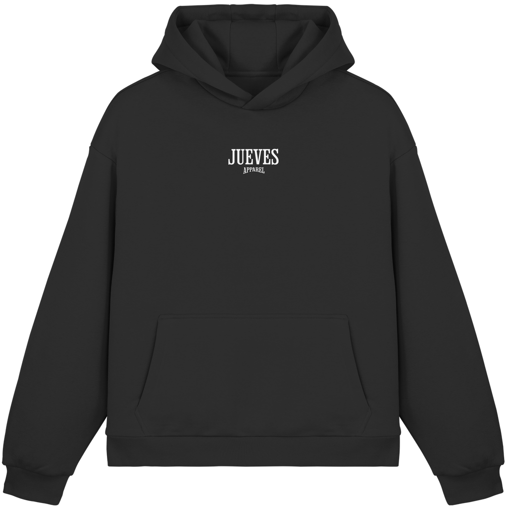 schwarzer Oversized Boxcut Hoodie von Jueves Apparel mit Brustdruck – nachhaltige Streetwear aus 70% Baumwolle