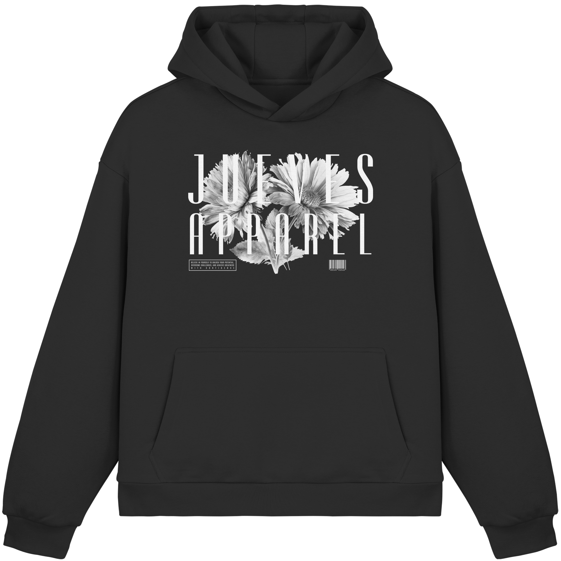 schwarzer Oversized Boxcut Hoodie von Jueves Apparel mit Brustdruck – nachhaltige Streetwear aus 70% Baumwolle