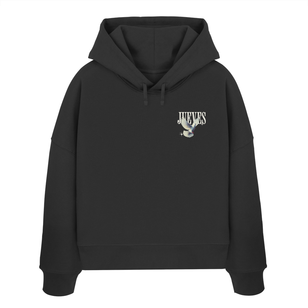Frontansicht des schwarzen Damen oversized Boxcut Hoodies von Jueves Apparel mit oversized Schnitt, Druck auf der Brust– Streetwear aus 100 % Bio-Baumwolle, 300 g/m² Stoffgewicht. 