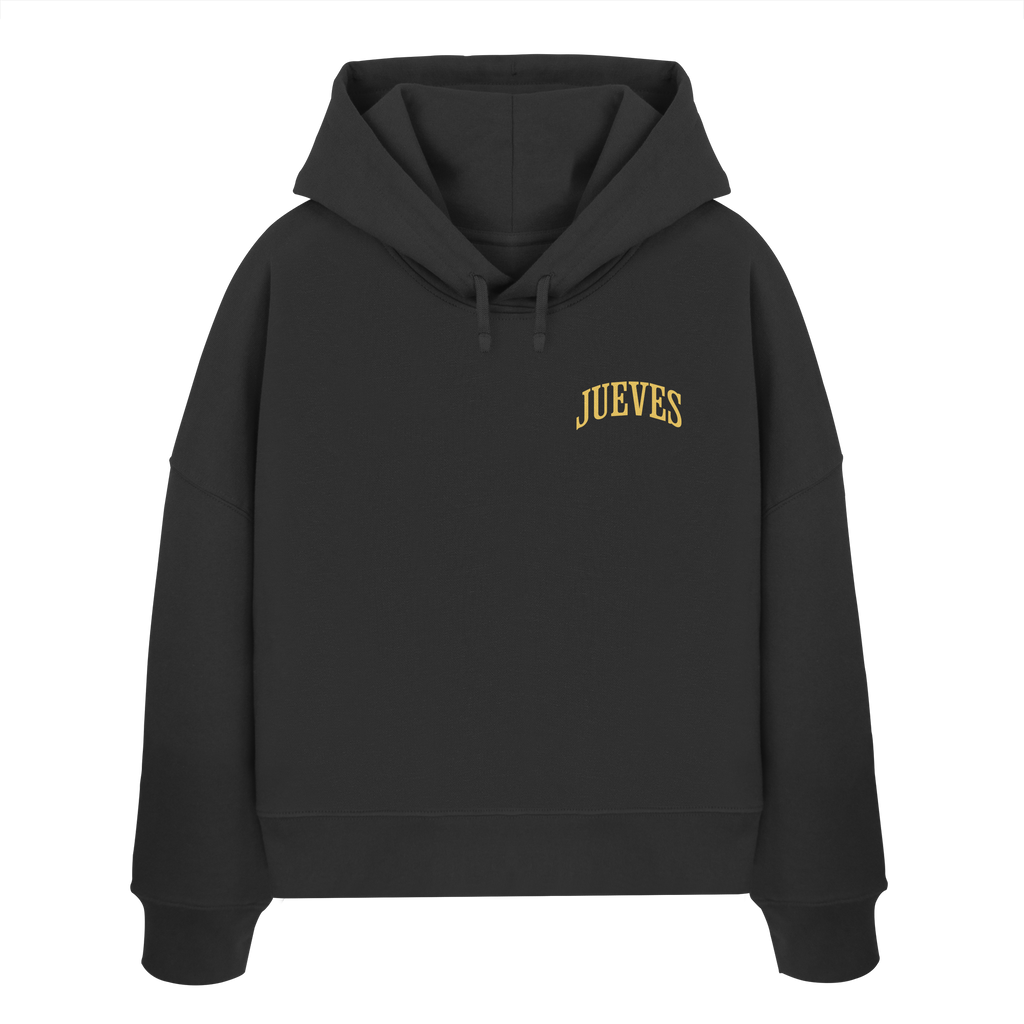 Frontansicht des schwarzen Damen oversized Boxcut Hoodies von Jueves Apparel mit oversized Schnitt, Druck auf der Brust– Streetwear aus 100 % Bio-Baumwolle, 300 g/m² Stoffgewicht. 