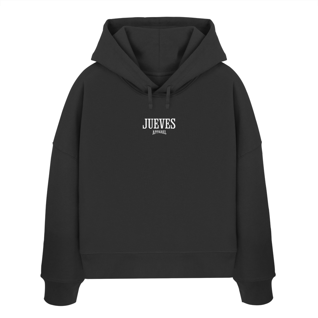 Frontansicht des schwarzen Damen oversized Boxcut Hoodies von Jueves Apparel mit oversized Schnitt, Druck auf der Brust– Streetwear aus 100 % Bio-Baumwolle, 300 g/m² Stoffgewicht. 