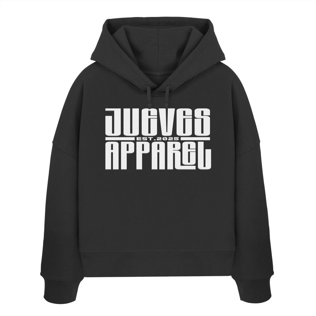 Frontansicht des schwarzen Damen oversized Boxcut Hoodies von Jueves Apparel mit oversized Schnitt, Druck auf der Brust– Streetwear aus 100 % Bio-Baumwolle, 300 g/m² Stoffgewicht. 