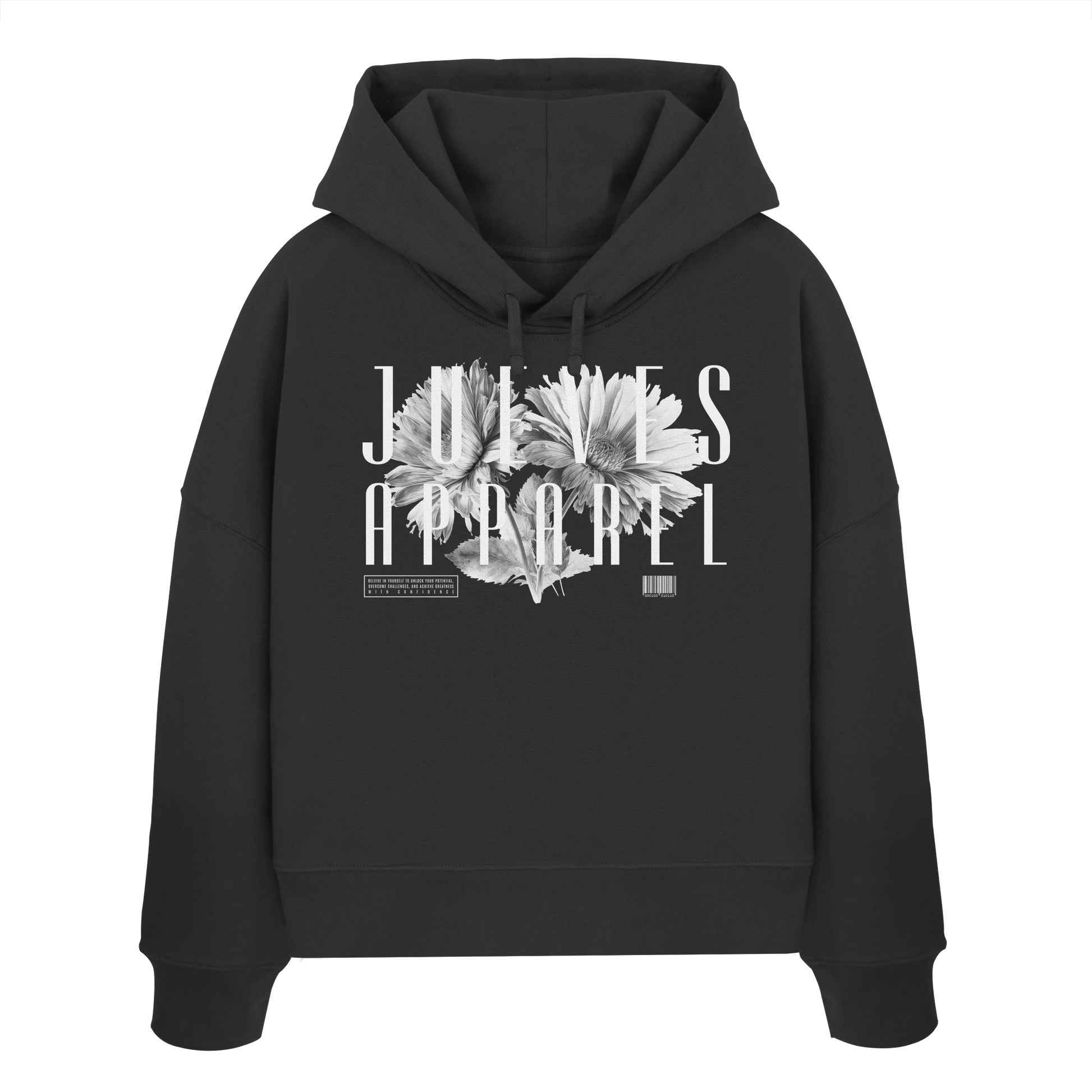 Frontansicht des schwarzen Damen oversized Boxcut Hoodies von Jueves Apparel mit oversized Schnitt, Druck auf der Brust– Streetwear aus 100 % Bio-Baumwolle, 300 g/m² Stoffgewicht.