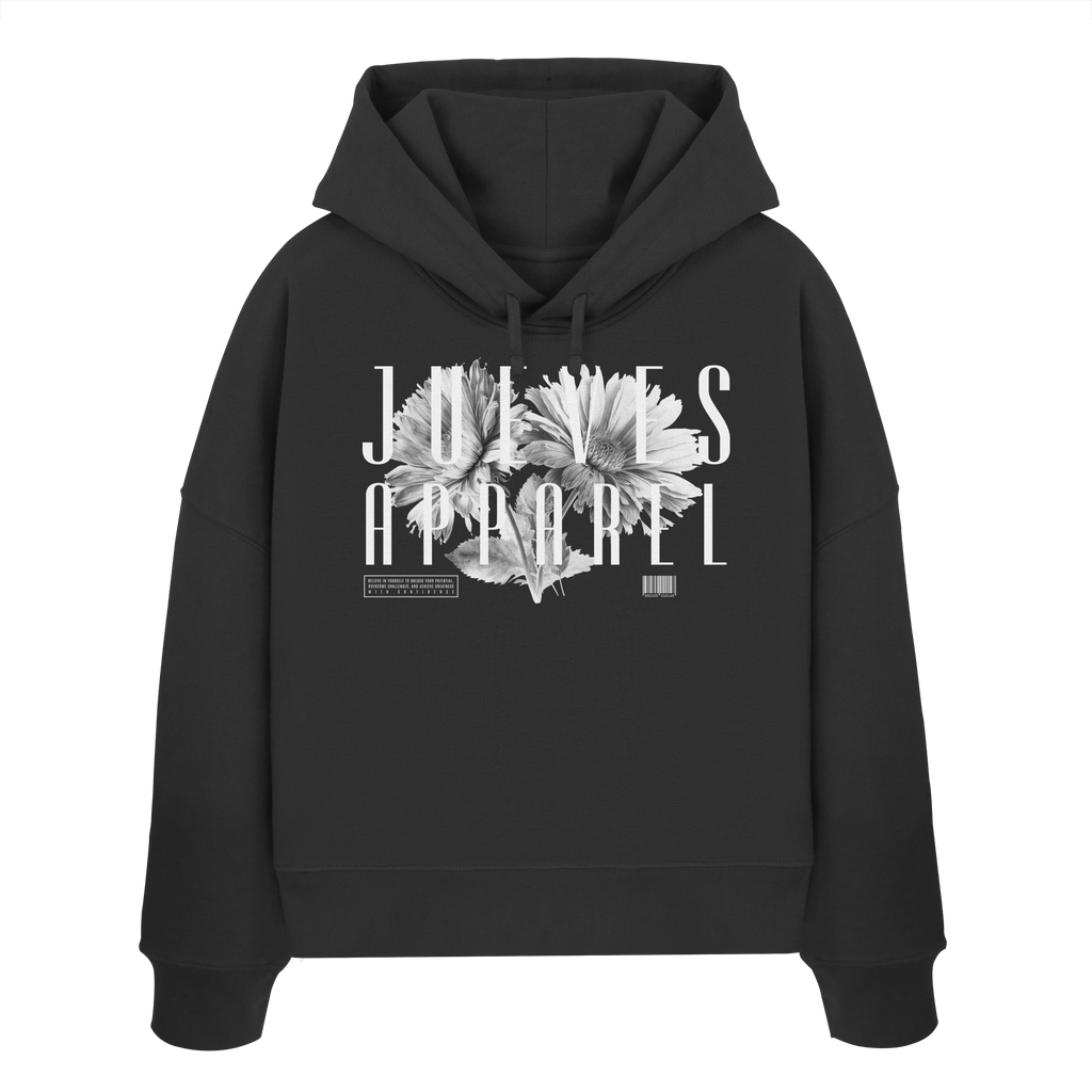 Frontansicht des schwarzen Damen oversized Boxcut Hoodies von Jueves Apparel mit oversized Schnitt, Druck auf der Brust– Streetwear aus 100 % Bio-Baumwolle, 300 g/m² Stoffgewicht. 