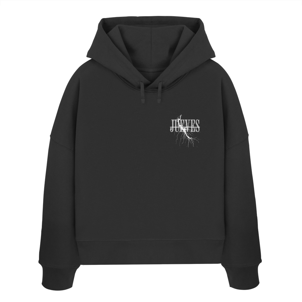 Frontansicht des schwarzen Damen oversized Boxcut Hoodies von Jueves Apparel mit oversized Schnitt, Druck auf der Brust– Streetwear aus 100 % Bio-Baumwolle, 300 g/m² Stoffgewicht. 