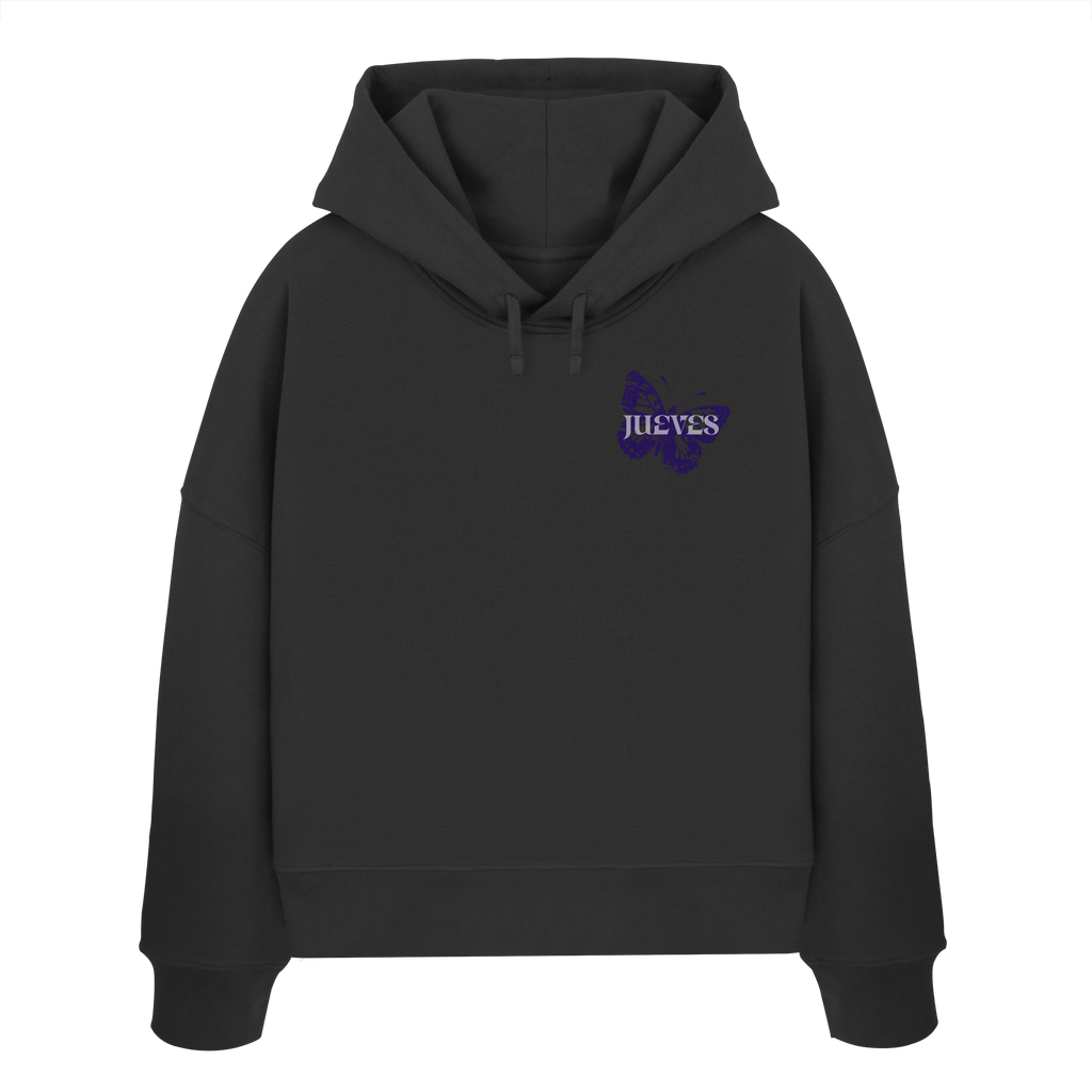 Frontansicht des schwarzen Damen oversized Boxcut Hoodies von Jueves Apparel mit oversized Schnitt, Druck auf der Brust– Streetwear aus 100 % Bio-Baumwolle, 300 g/m² Stoffgewicht. 