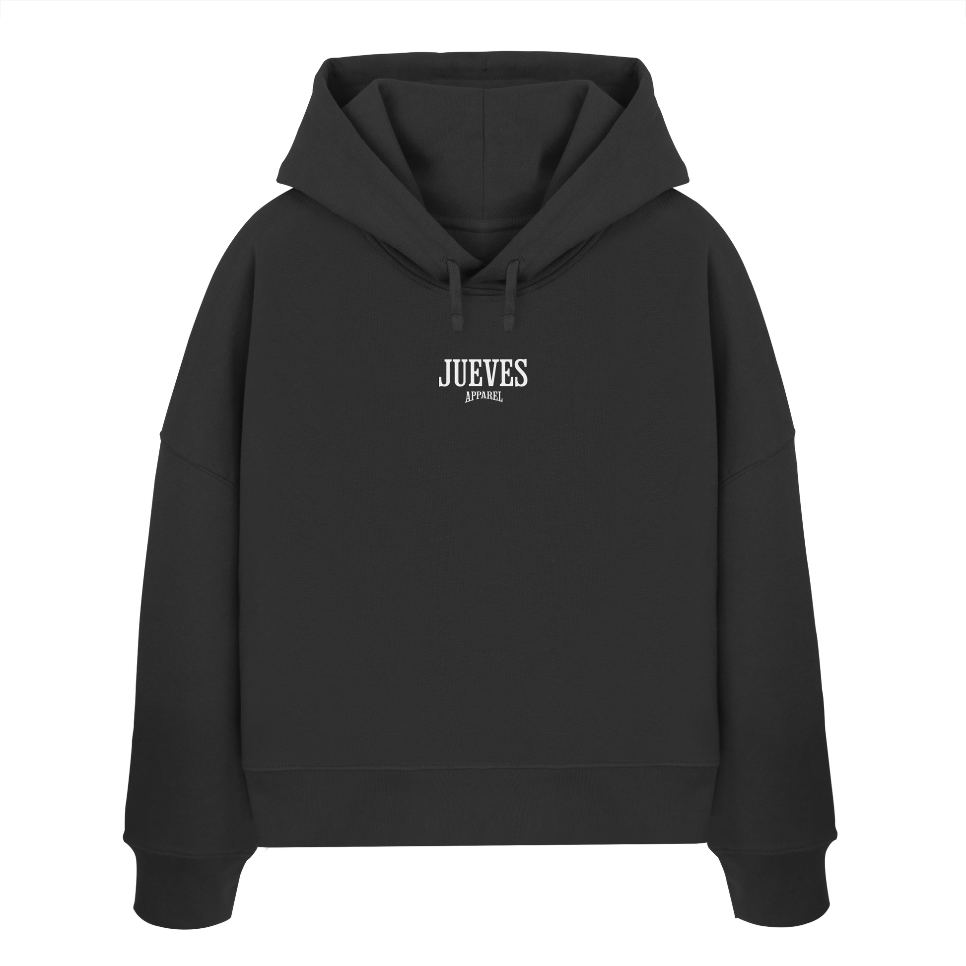 Frontansicht des schwarzen Damen oversized Boxcut Hoodies von Jueves Apparel mit oversized Schnitt, Druck auf der Brust– Streetwear aus 100 % Bio-Baumwolle, 300 g/m² Stoffgewicht.